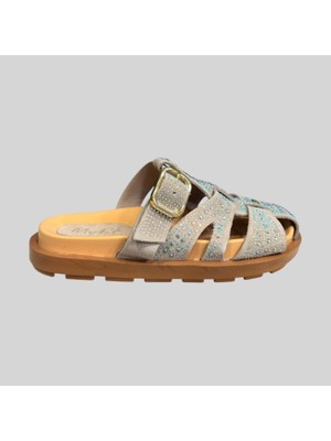 Myfit Shoes 1010 Kadın Hakiki Deri Taşlı Tokalı Terlik Bej Nubuk