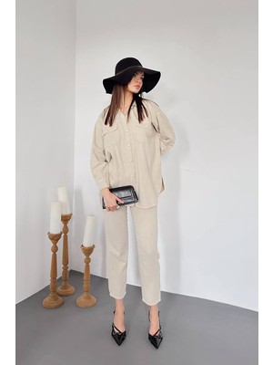Moda Days Kadın Bej Yıkamalı Gömlek Pantolon Takım Cepli Kemerli Uzun Kollu Boru Paça