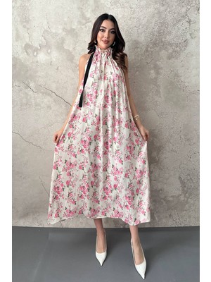 Moda Days Kadın Pembe Çiçek Desenli Halter Yaka Büzgülü Askısız Maxi Elbise