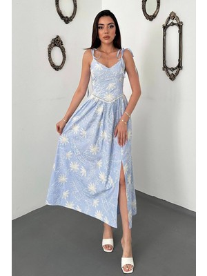 Moda Days Kadın Mavi Askılı Çizgili Süzeneli Dantel Detaylı Yırtmaçlı Maxi Elbise