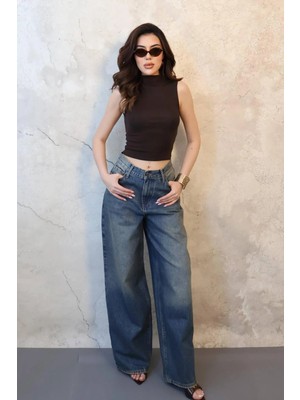 Moda Days Kadın Lacivert Yüksek Bel Geniş Paça Yıkamalı Denim Jean Pantolon