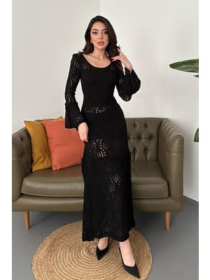 Moda Days Kadın Siyah Maxi Triko Elbise Ajurlu Örgü Desenli U Yaka Ispanyol Kol