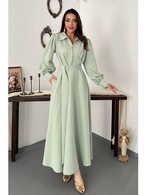 Moda Days Kadın Mint Uzun Kollu Gömlek Yakalı Fermuarlı Kemerli Cepli Pileli Uzun Elbise