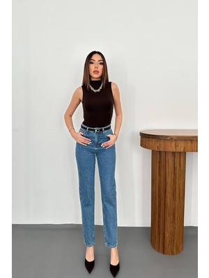 Moda Days Kadın Mavi Yüksek Bel Düz Kesim Boru Paça %100 Pamuk Jeans Pantolon