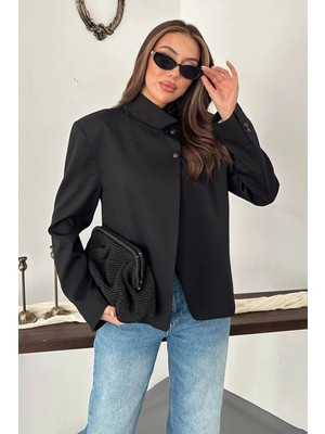 Moda Days Kadın Siyah Ceket Dik Yaka Çift Düğmeli Astarlı Uzun Kollu Dokuma Blazer