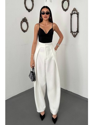 Moda Days Kadın Ekru Pileli Yüksek Bel Atlas Dokuma Yan Cepli Astarlı Pantolon