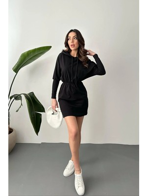 Moda Days Kadın Siyah Kapüşonlu Mini Sweatshirt Elbise Beli Lastikli Uzun Kollu Düz