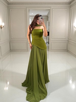 Ola Oriva Korseli Şifon Fular Detaylı Yeşil  Abiye Elbise
