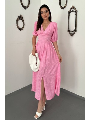 Moda Days Kadın Pembe Puantiyeli V Yaka Gipeli Balon Kollu Yırtmaçlı Midi Elbise