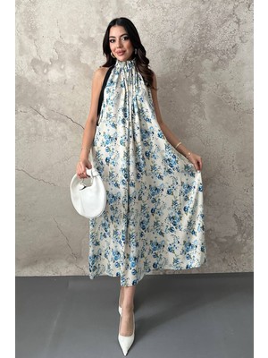 Moda Days Kadın Mavi Çiçek Desenli Halter Yaka Büzgülü Askısız Maxi Elbise