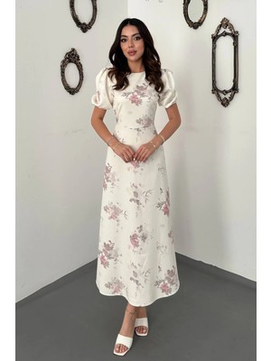 Moda Days Kadın Ekru Çiçek Desenli Atlas Midi Elbise Bisiklet Yaka Balon Kollu Bele Oturan