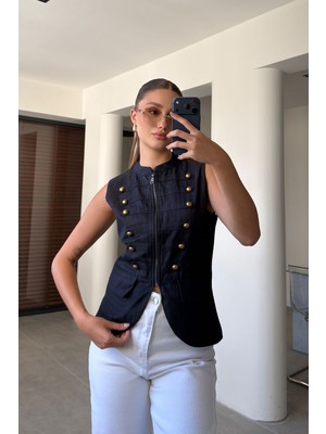 Magarde Premium Dik Yaka Fermuarlı Jean Yelek- Koyu Lacivert