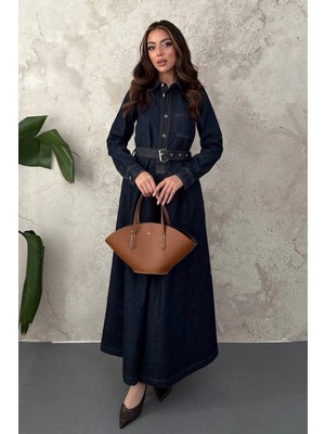 Moda Days Kadın Mavi Uzun Denim Gömlek Elbise Kemerli Düğmeli Cepli Maxi