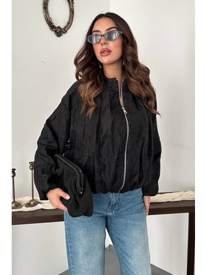 Moda Days Kadın Siyah Desenli Bomber Ceket Dik Yaka Fermuarlı Lastik Detaylı