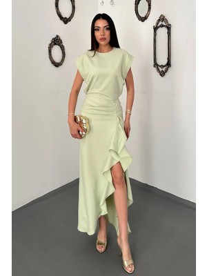 Moda Days Kadın Mint Elbise Volanlı Yırtmaçlı Drapeli Bel Detaylı Maxi Saten Elbise