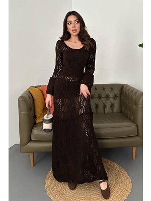 Moda Days Kadın Kahverengi Maxi Triko Elbise Ajurlu Örgü Desenli U Yaka Ispanyol Kol