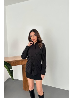 Moda Days Kadın Siyah Gömlek Yaka Düğmeli Bel Bağcıklı Parçalı Uzun Kollu Gömlek