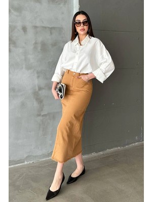 Moda Days Kadın Camel Midi Yüksek Bel Yırtmaçlı Püskül Detaylı Gabardin Etek