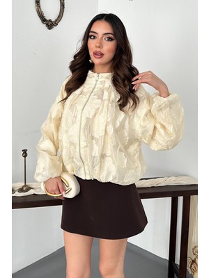 Moda Days Kadın Bej Desenli Bomber Ceket Dik Yaka Fermuarlı Lastik Detaylı