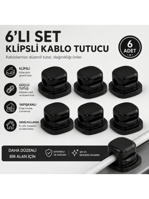 Coofbe 6'lı Yapışkanlı Kablo Tutucu Klips Masaüstü Kablo Düzenleyici Şarj Kablosu Sabitleyici