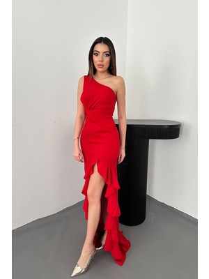 Moda Days Kadın Kırmızı Maxi Elbise Tek Omuz Yırtmaçlı Volanlı