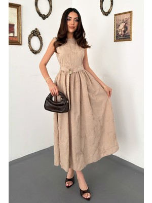 Moda Days Kadın Vizon Midi Elbise Çiçek Nakışlı Kuşaklı Büzgülü Astarlı A Kesim
