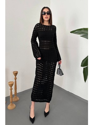 Moda Days Kadın Siyah Uzun Triko Elbise Ajurlu Pitikare Desenli Bisiklet Yaka Uzun Kollu Slim Fit