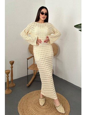 Moda Days Kadın Bej Uzun Triko Elbise Ajurlu Pitikare Desenli Bisiklet Yaka Uzun Kollu Slim Fit