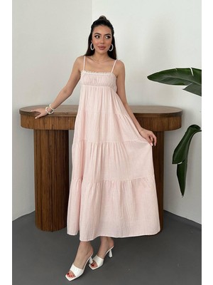 Moda Days Kadın Pembe Ince Askılı Gipeli Çizgili Kat Katlı Maxi Müslin Yazlık Elbise