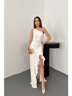 Moda Days Kadın Beyaz Maxi Elbise Tek Omuz Yırtmaçlı Volanlı