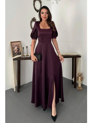 Moda Days Kadın Mürdüm Saten Kare Yaka Balon Kollu Bel Detaylı Yırtmaçlı Maxi Elbise
