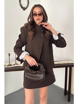 Moda Days Kadın Kahverengi Ceket Dik Yaka Çift Düğmeli Astarlı Uzun Kollu Dokuma Blazer