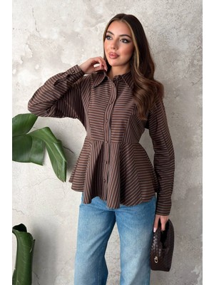 Moda Days Kadın Kahverengi Çizgili Gömlek Yaka Düğmeli Peplum Kesim Uzun Kollu