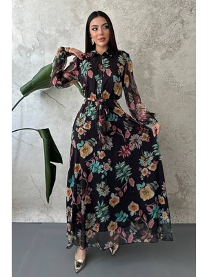 Moda Days Kadın Siyah Çiçek Desenli Şifon Gömlek Yaka Kuşaklı Uzun Kollu Maxi Elbise