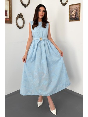 Moda Days Kadın Mavi Midi Elbise Çiçek Nakışlı Kuşaklı Büzgülü Astarlı A Kesim