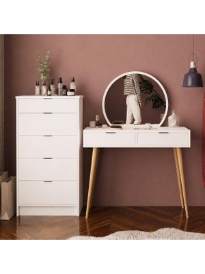 Bimossa T1070 Valeralı Lucy Makyaj Masası Seti Beyaz - Yuvarlak Aynalı ve Geniş 5 Çekmeceli