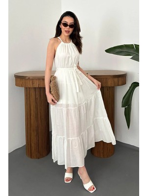 Moda Days Kadın Ekru Halter Yaka Kuşaklı Kat Kat Uzun Kloş Kolsuz Yazlık Elbise