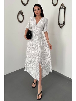Moda Days Kadın Beyaz Puantiyeli V Yaka Gipeli Balon Kollu Yırtmaçlı Midi Elbise