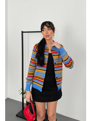 Moda Days Kadın Mavi Çizgili Gömlek Yaka Düğmeli Uzun Kollu Normal Boy Triko Hırka