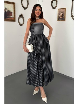 Moda Days Kadın Lacivert Puantiyeli Straplez Pileli Cepli Maxi Pamuklu Elbise