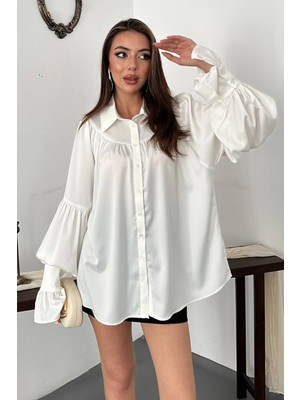 Moda Days Kadın Ekru Saten Gömlek Fırfır Detaylı Uzun Balon Kollu Düğmeli Regular