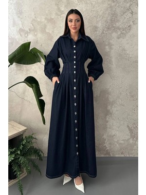 Moda Days Kadın Mavi Maxi Kot Elbise Gömlek Yaka Düğmeli Pileli Balon Kollu Cepli