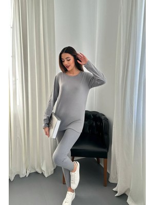 Moda Days Kadın Gri Alt - Üst Takım Termal Alt Üst Takım Uzun Kollu Bisiklet Yaka Düz Dar Paça
