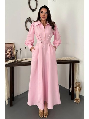 Moda Days Kadın Pembe Uzun Kollu Gömlek Yakalı Fermuarlı Kemerli Cepli Pileli Uzun Elbise