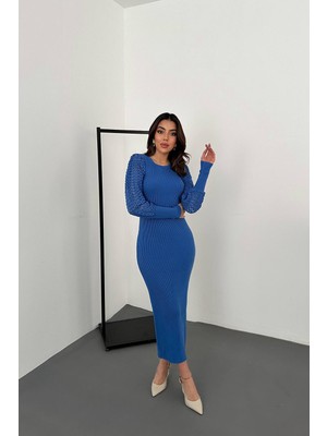 Moda Days Kadın Triko Elbise Bisiklet Yaka Örgü Detaylı Uzun Kol