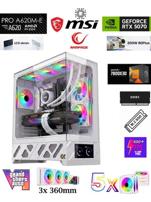 Zeiron GTA-VI Elite X5 Ryzen 7 7800X3D 16GB 5600MHZ DDR5 Ram 1TB M.2 SSD 12GB RTX5070 Sıvı Soğutmalı LCD Ekranlı Oyuncu Bilgisayarı