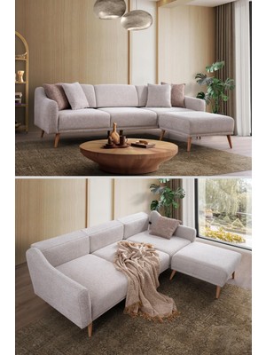 MAQ HOME Luna Yataklı Puflu Köşe Koltuk Takımı 230 cm Sütlü Kahve Dokuma Kumaş Gürgen İskelet