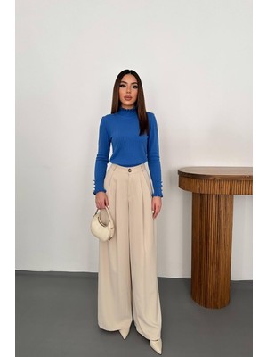 Moda Days Kadın Mavi Boğazlı Saç Örgü Desenli Fırfırlı Manşetli Uzun Kollu Triko Kazak