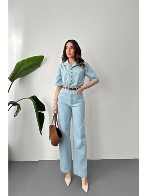 Moda Days Kadın Kar Yıkama Denim Tulum Gömlek Yaka Düğmeli Kısa Kollu Cepli Geniş Paça