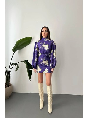 Moda Days Kadın Mor Çiçek Desenli Dik Yaka Büzgülü Balon Kollu Mini Elbise